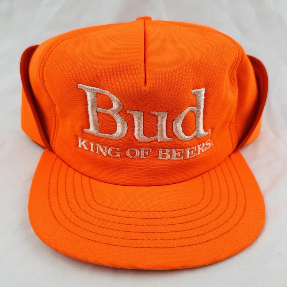 Vintage 80s Budweiser Bud King of Beers Orange Hunting Ear Flap Hat Large USA